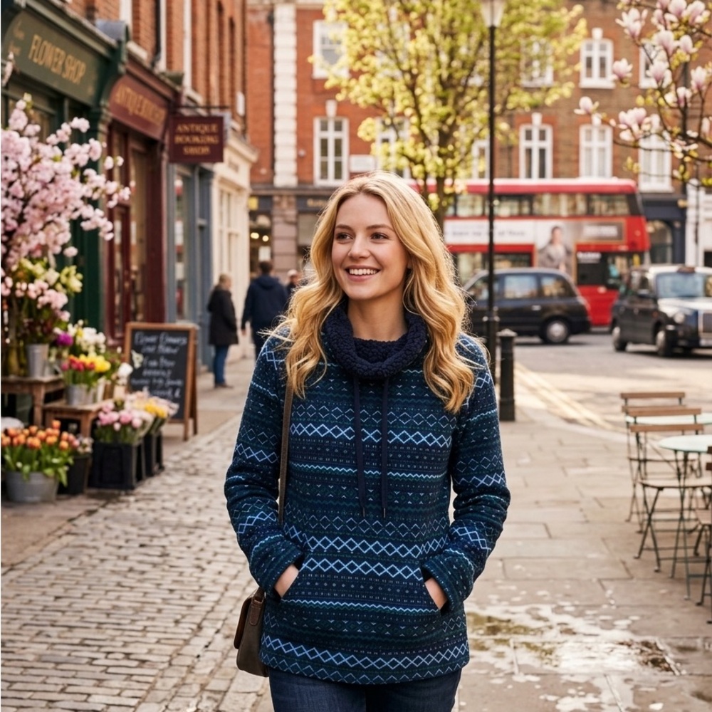 St. John's Bay Navy Fair Isle Cowl-Neck Sweater Medium Size Kangaroo Pocket